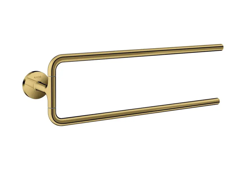 Zweiarmiger Handtuchhalter in polierter Goldoptik, an der Wand montiert, mit einer runden Wandhalterung. Produkt von AXOR.